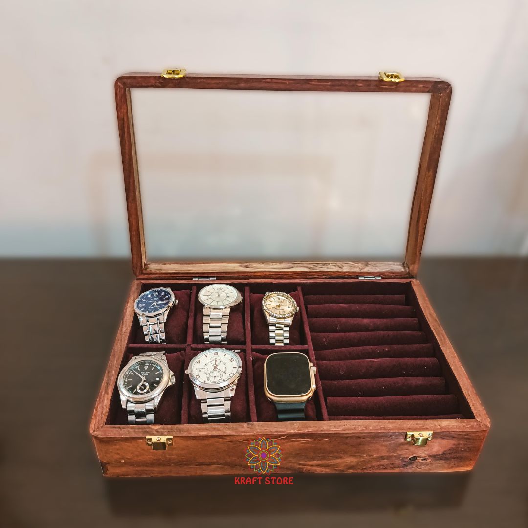 Dual Storage for Watches & Cufflinks/Rings (Glass  Top)