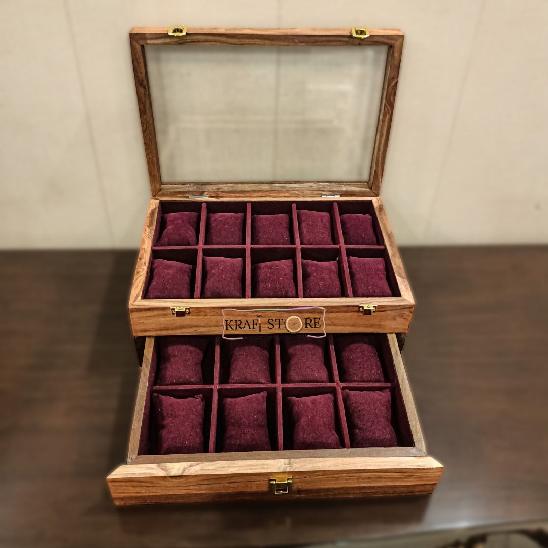 Elegant Watch Organizer with Drawer | 18 Slots | Glass Top