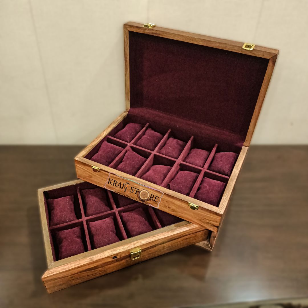 Elegant Watch Organizer with Drawer | 18 Slots | Solid Wood Top