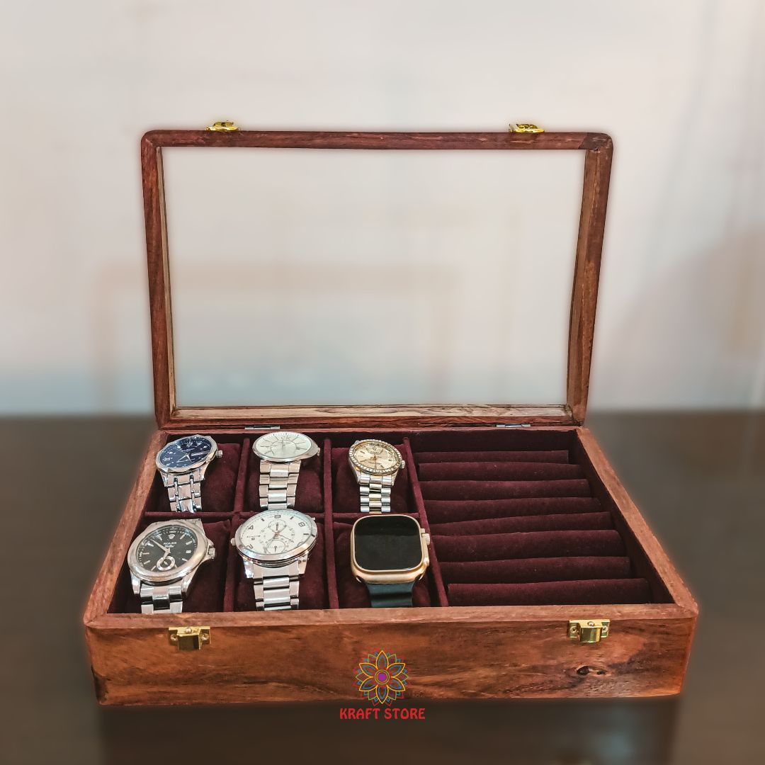 Dual Storage for Watches & Cufflinks/Rings (Glass  Top)