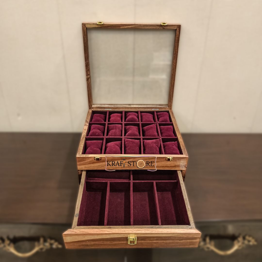 Premium Organizer with Drawer | 15 Watch Slots, Sunglass, Jewelry & Wallet Storage | Glass Lid