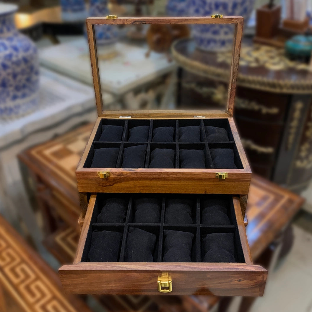 Elegant Watch Organizer with Drawer | 18 Slots | Glass Top