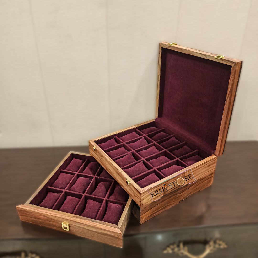 Premium Watch Organizer with Drawer | 27 Slots | Wood Top