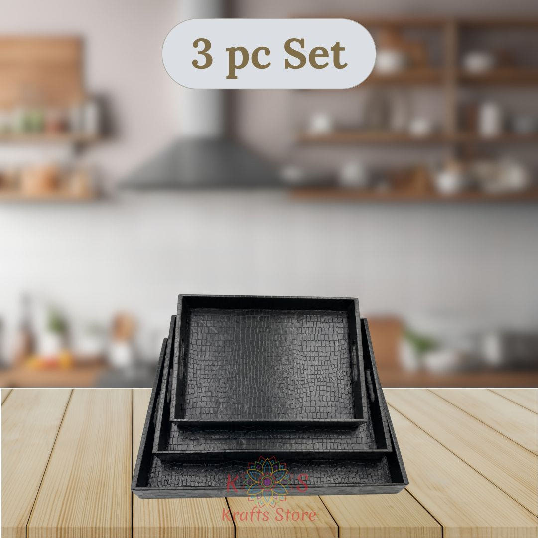 Serving Tray Set of 3, Leatherite, Black, stacked view