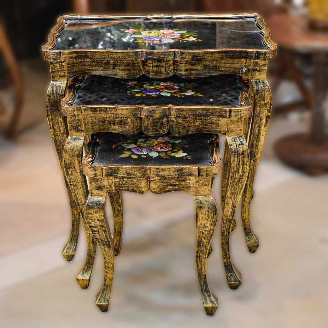 Nesting Tables with hand painted work With Glass Top