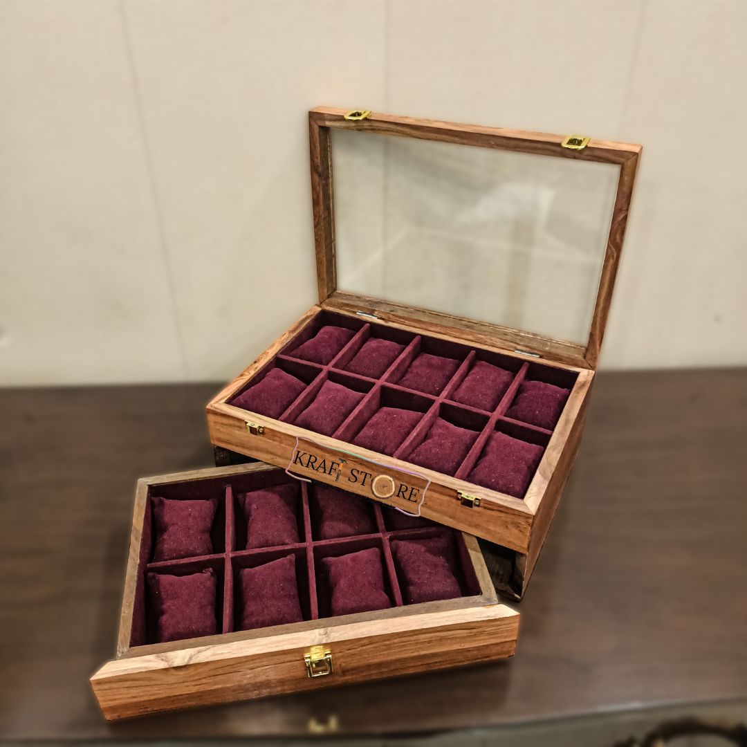 Elegant Watch Organizer with Drawer | 18 Slots | Glass Top