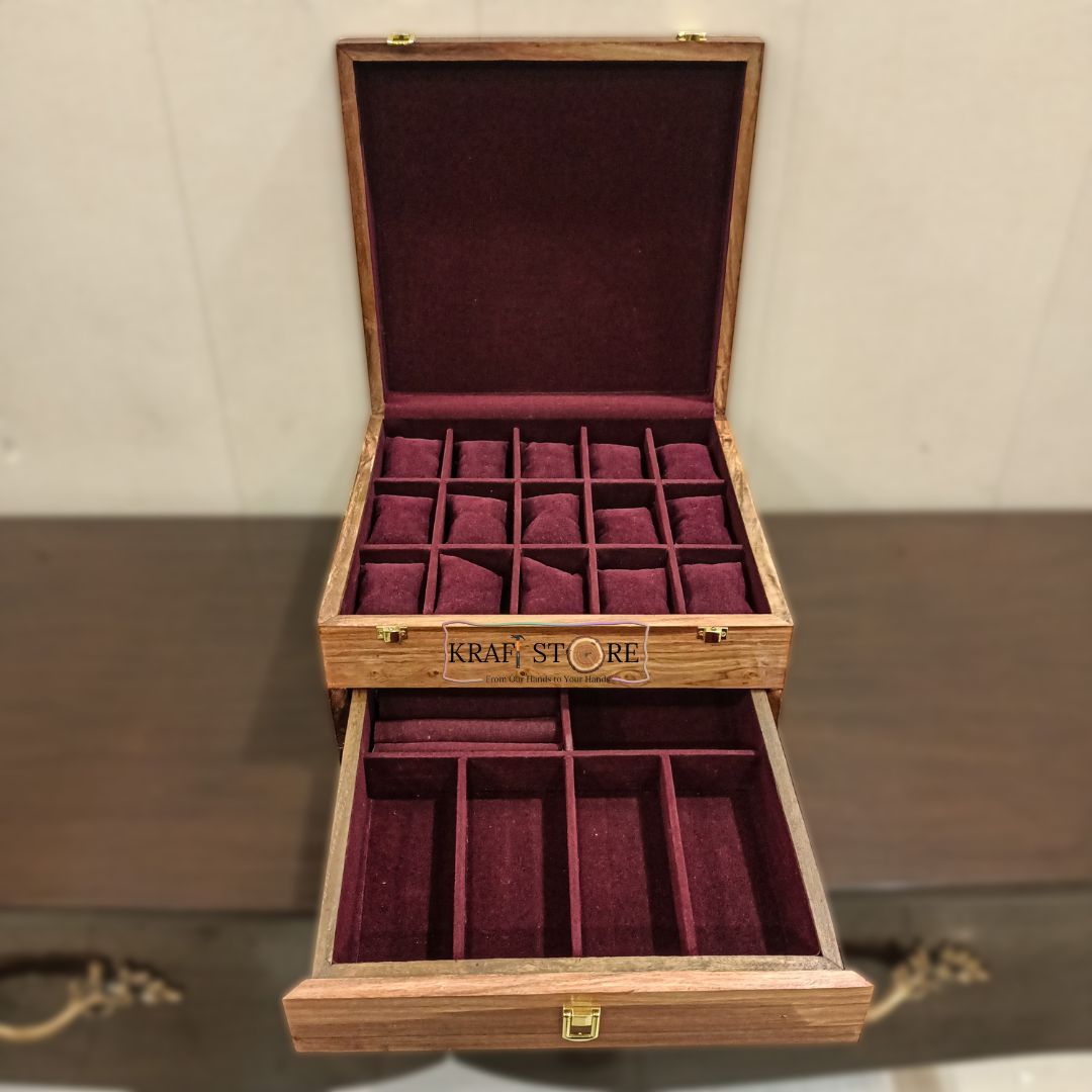 Premium Organizer with Drawer | 15 Watch Slots, Sunglass, Jewelry & Wallet Storage | Wood Top