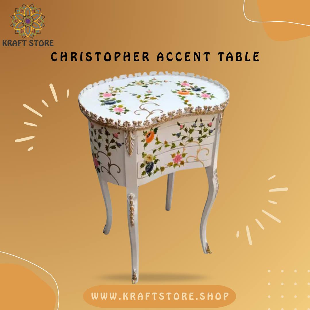 A hand-painted wooden Christopher Accent Table with floral patterns, crafted from premium wood, displaying its circular shape and two drawers.