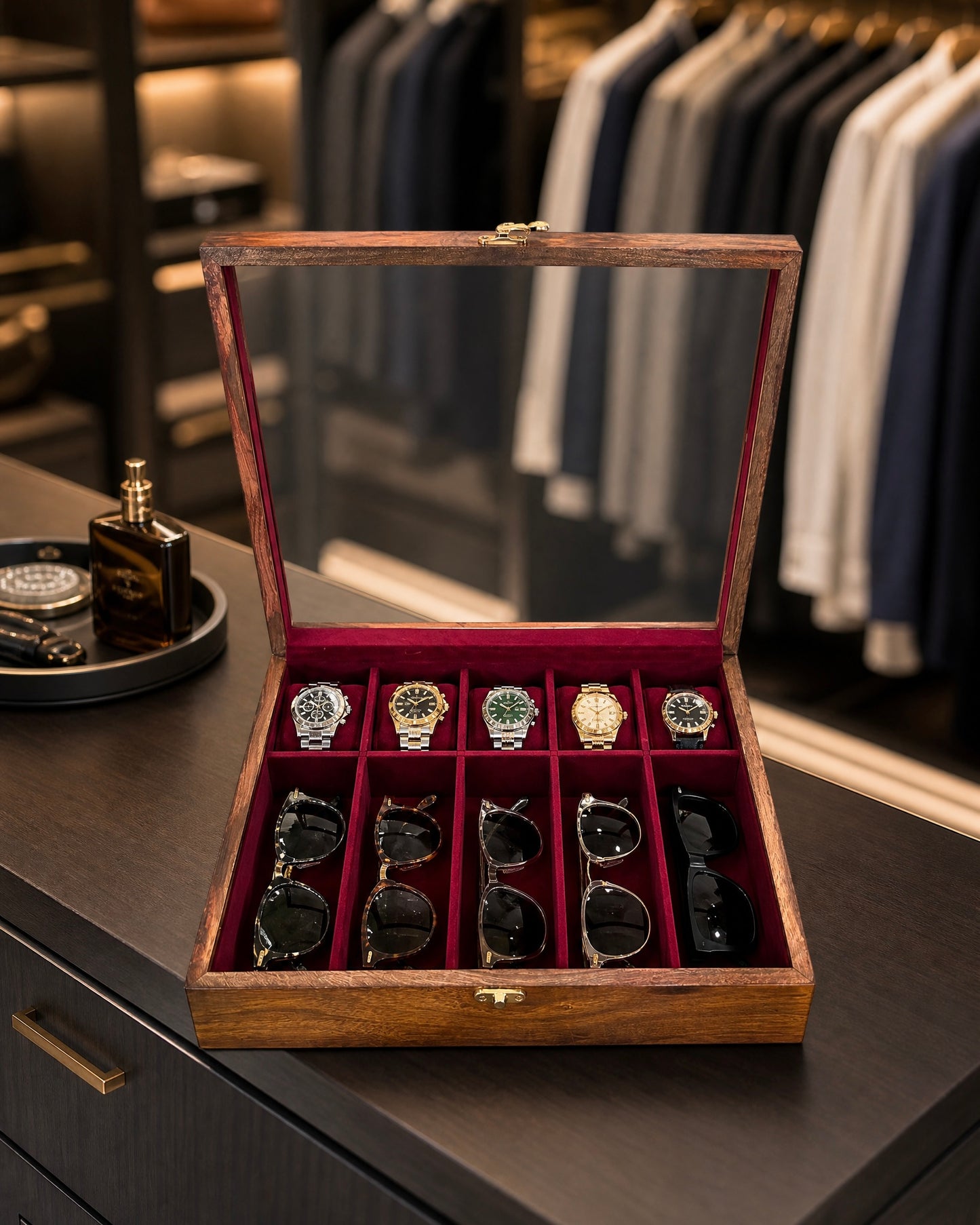 Wooden Watch & Sunglasses Organizer Box — 5 Watches + 5 Sunglasses | Glass Lid