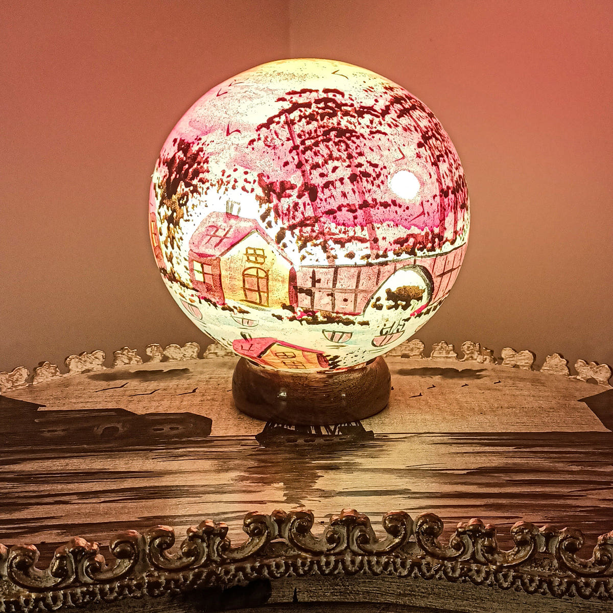 Home Painting Globe Lamp, Camel Skin, lit detail