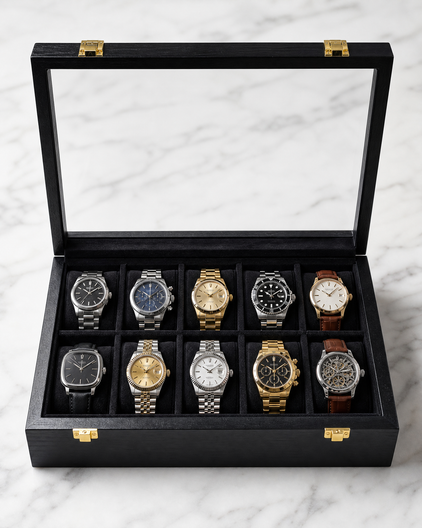Premium Watch Box for 10 Watches | Glass Top | Black