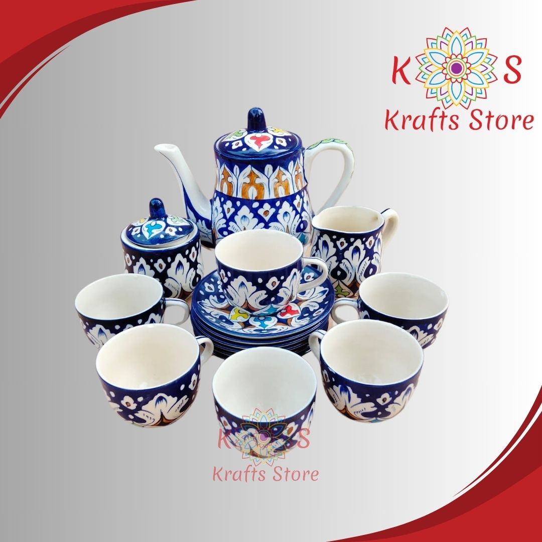 Multani Blue Pottery, Pakistani Art of Blue Pottery, Pakistani handmade, Ceramic Tea Set, 6 Persons, TRD Multi Design
