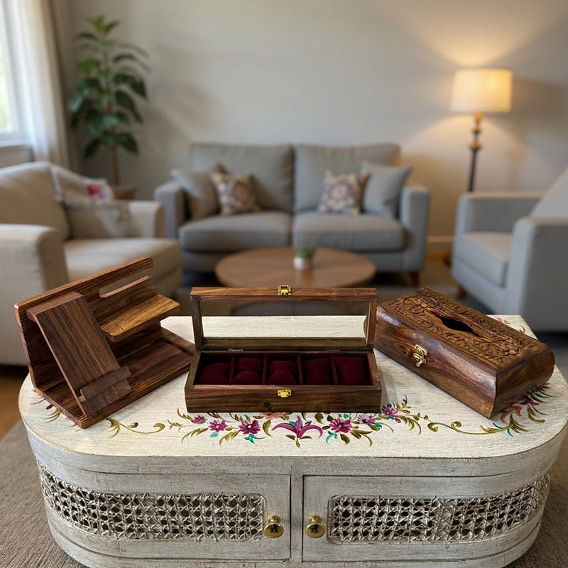 Pack of 3 Premium Desk & Watch Essentials | Organizer, Tissue Box & 5-Watch Box