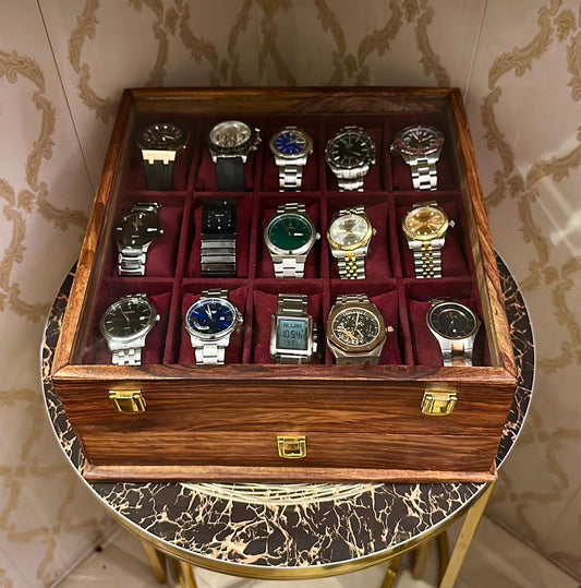 Premium Organizer with Drawer | 15 Watch Slots, Sunglass, Jewelry & Wallet Storage | Glass Lid
