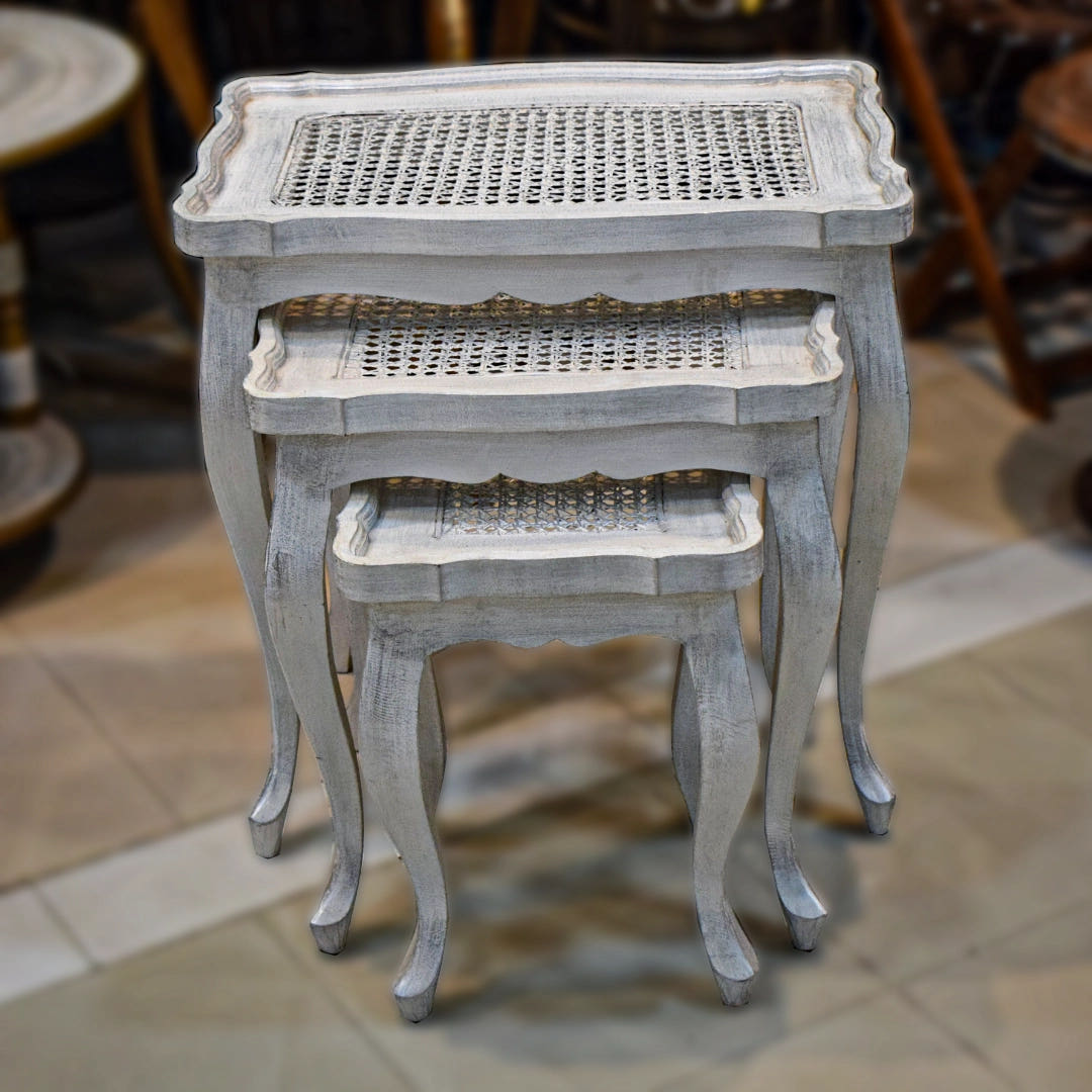 Nesting Tables with Chalk Finish and Cane Work, Style 3, stacked view