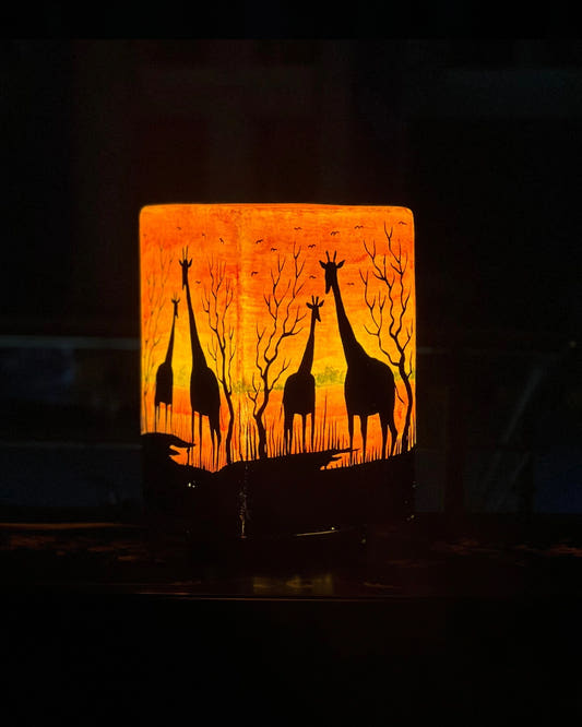 Box Shape Camel Skin Table Lamp, Naqashi Design, front view