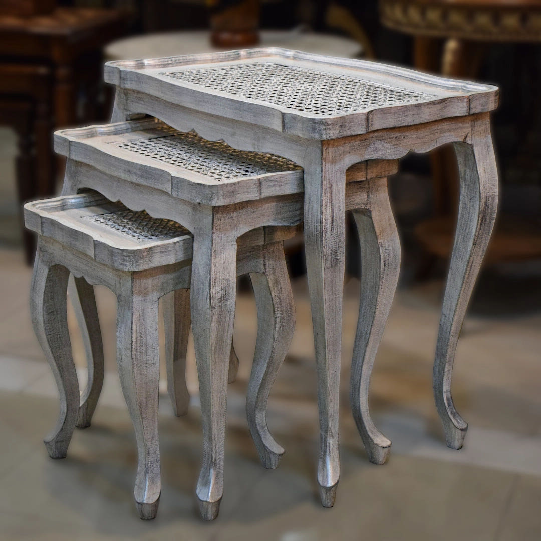 Nesting Tables with Chalk Finish and Cane Work, Style 3, detail shot