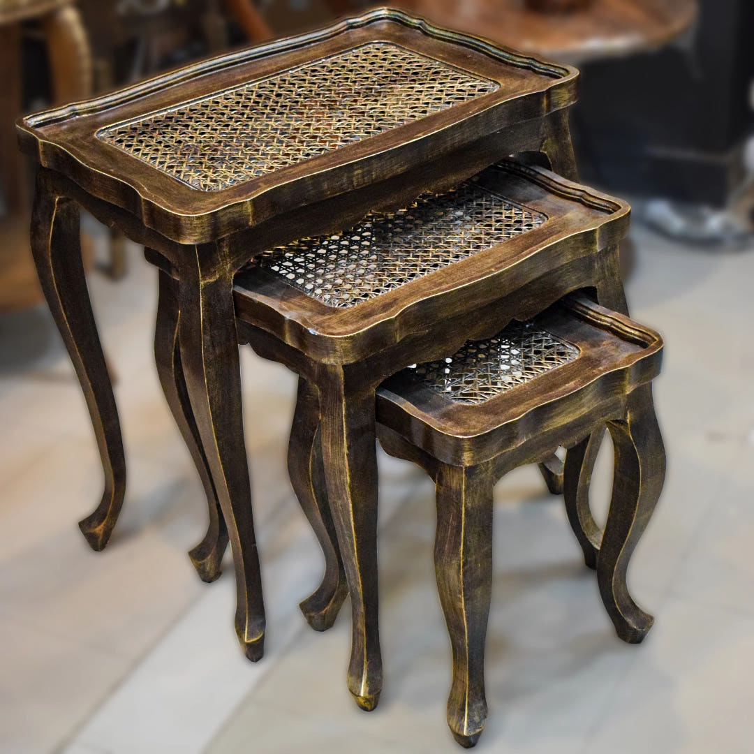 Nesting Tables with Chalk Finish and Cane Work, Style 1, front view