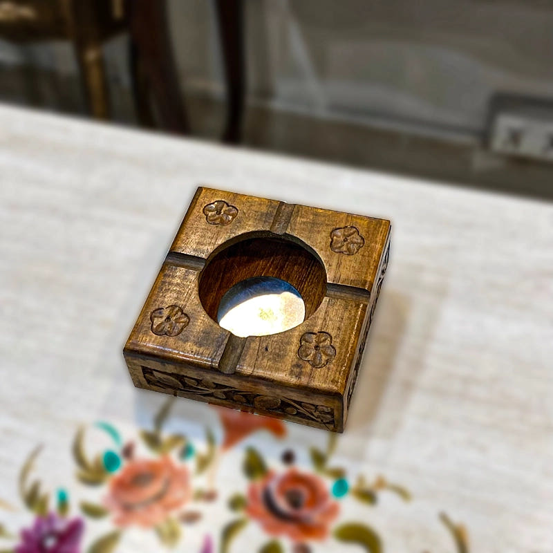 Square Ash Tray with Carving Work, Sheesham Wood, front view