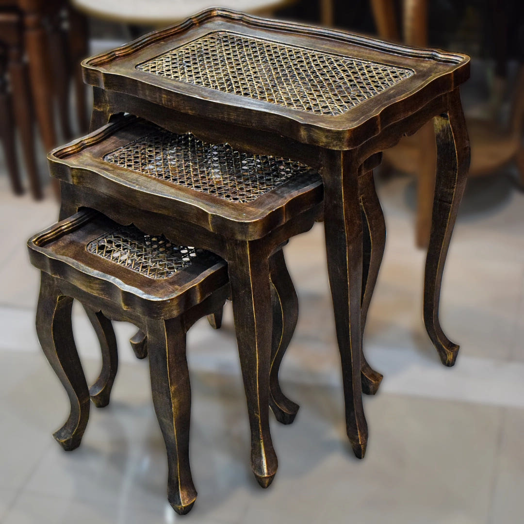 Nesting Tables with Chalk Finish and Cane Work, Style 1, detail shot