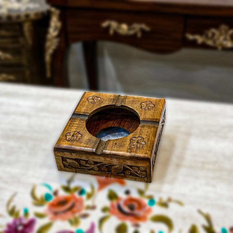Square Ash Tray with Carving Work, Sheesham Wood, side view