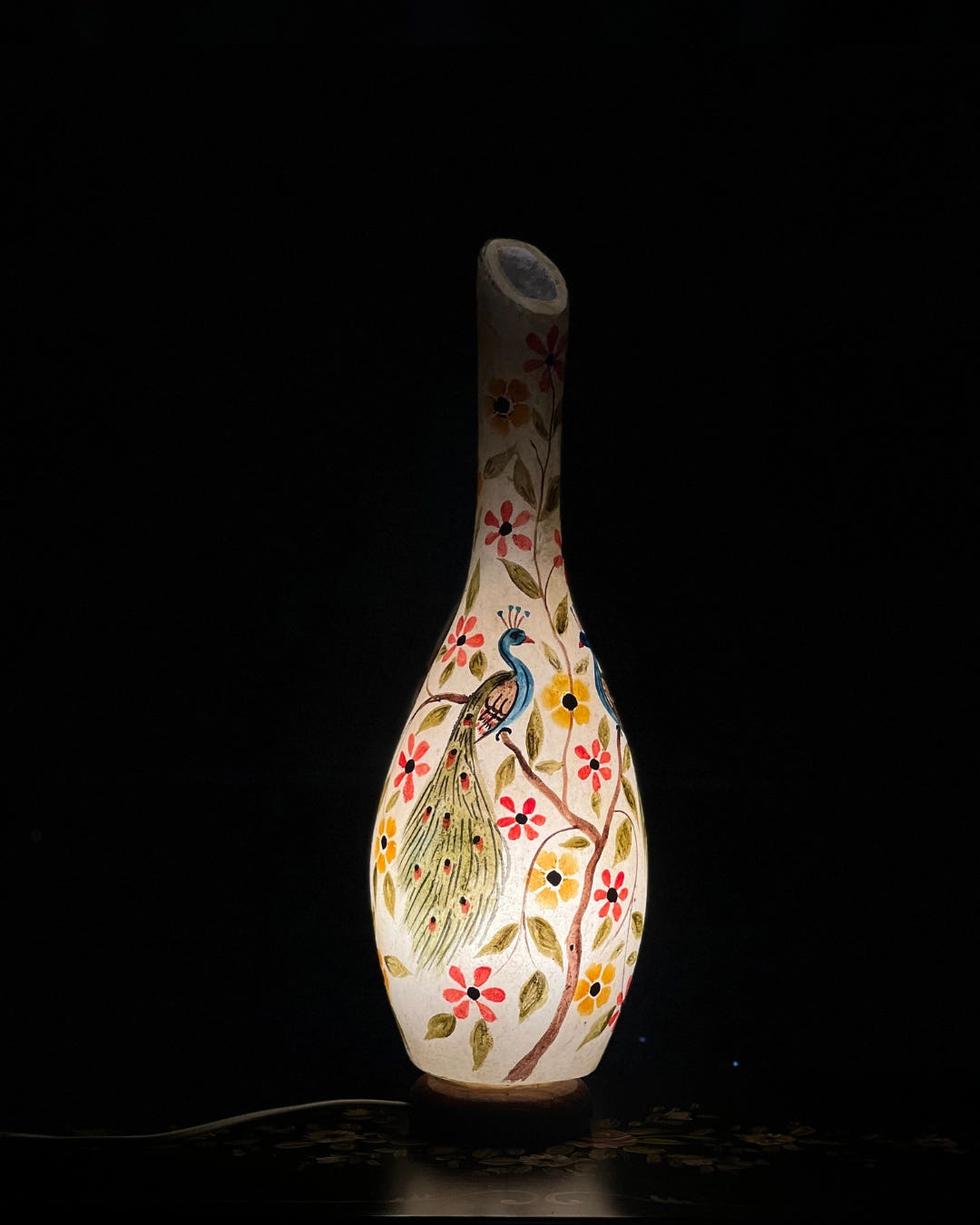 Peacock Painting Surahi Table Lamp, Camel Skin, front view