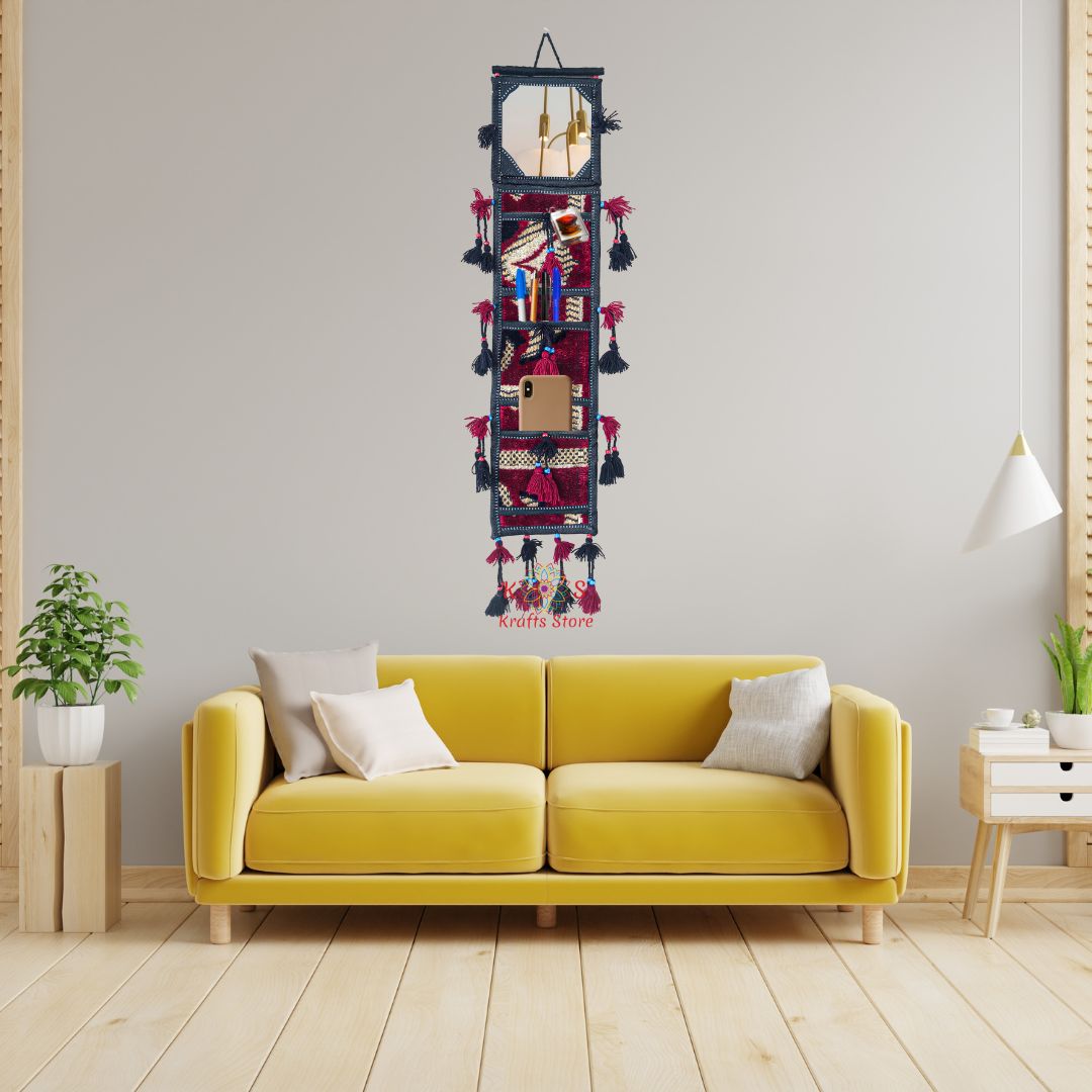 Balochi Portrait Wall Hanging With Mirror and Bills Pockets