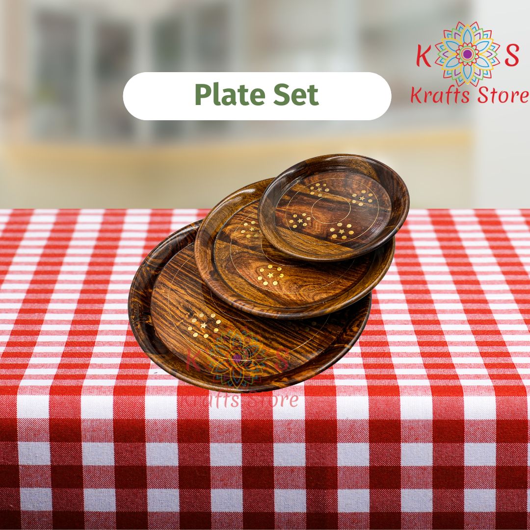3 Piece Wooden Plate Set, Sheesham Wood with Brass Inlay, detail view