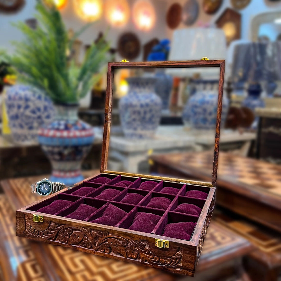 Watch Box for 15 Watches with Original Glass Lid, lifestyle display