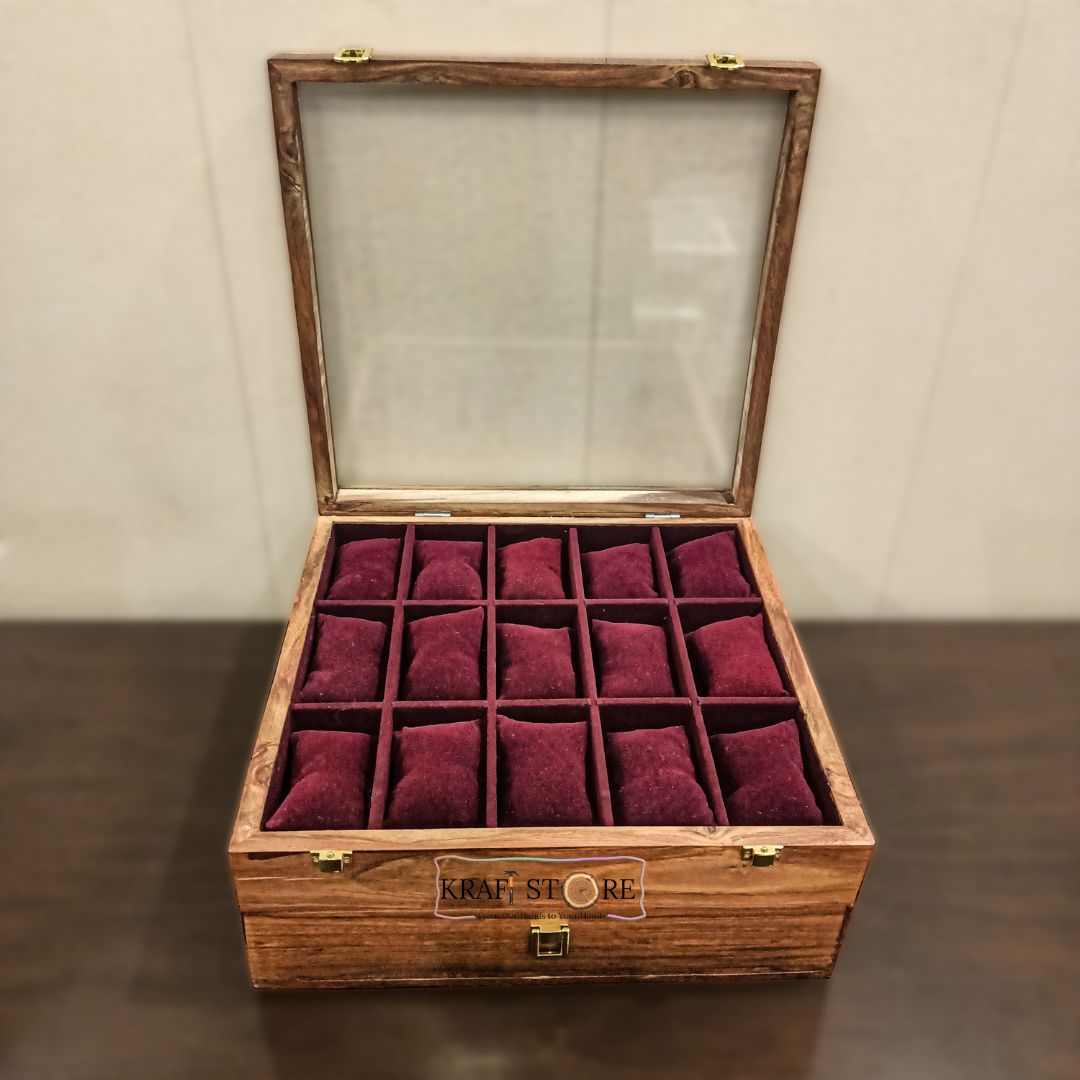 Watch Organizer with Drawer, 27 slots, Glass Top, compartment detail