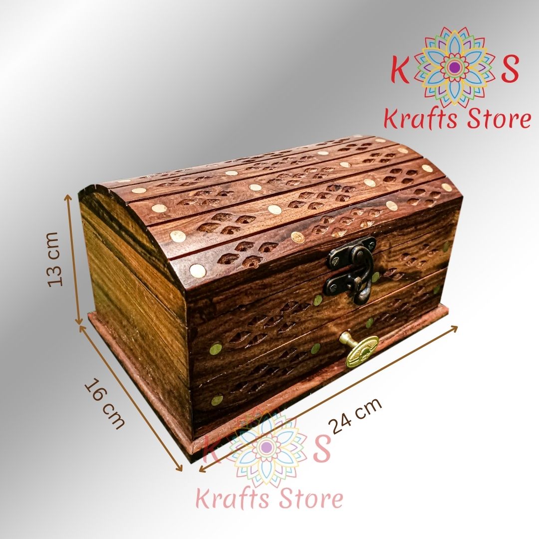 Jewelry Box with Jali Brass Work and Drawer, Large, front view