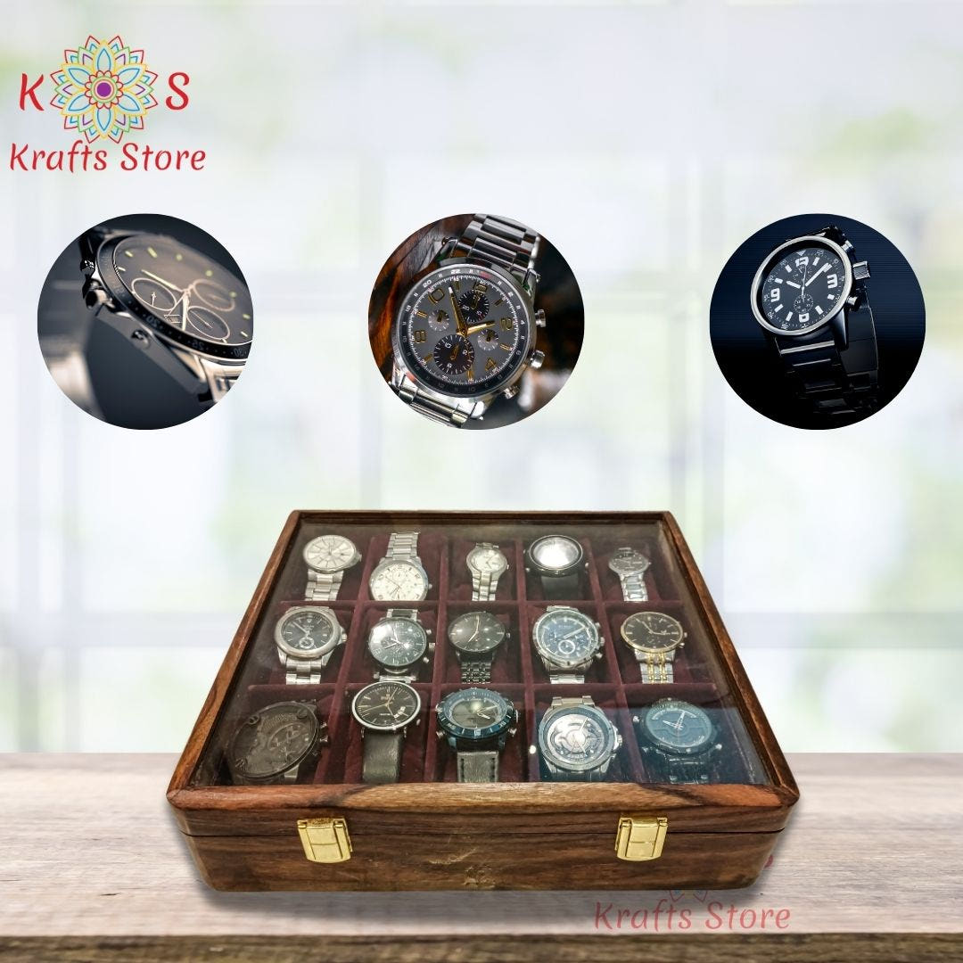 Watch Box for 15 Watches with Original Glass Lid, interior compartments
