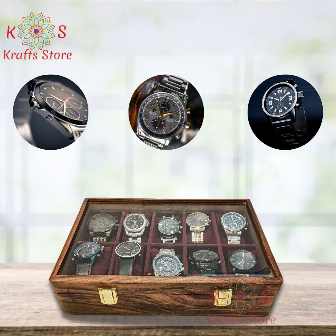 Watch Box for 10 Watches with Original Glass Top - side angle view