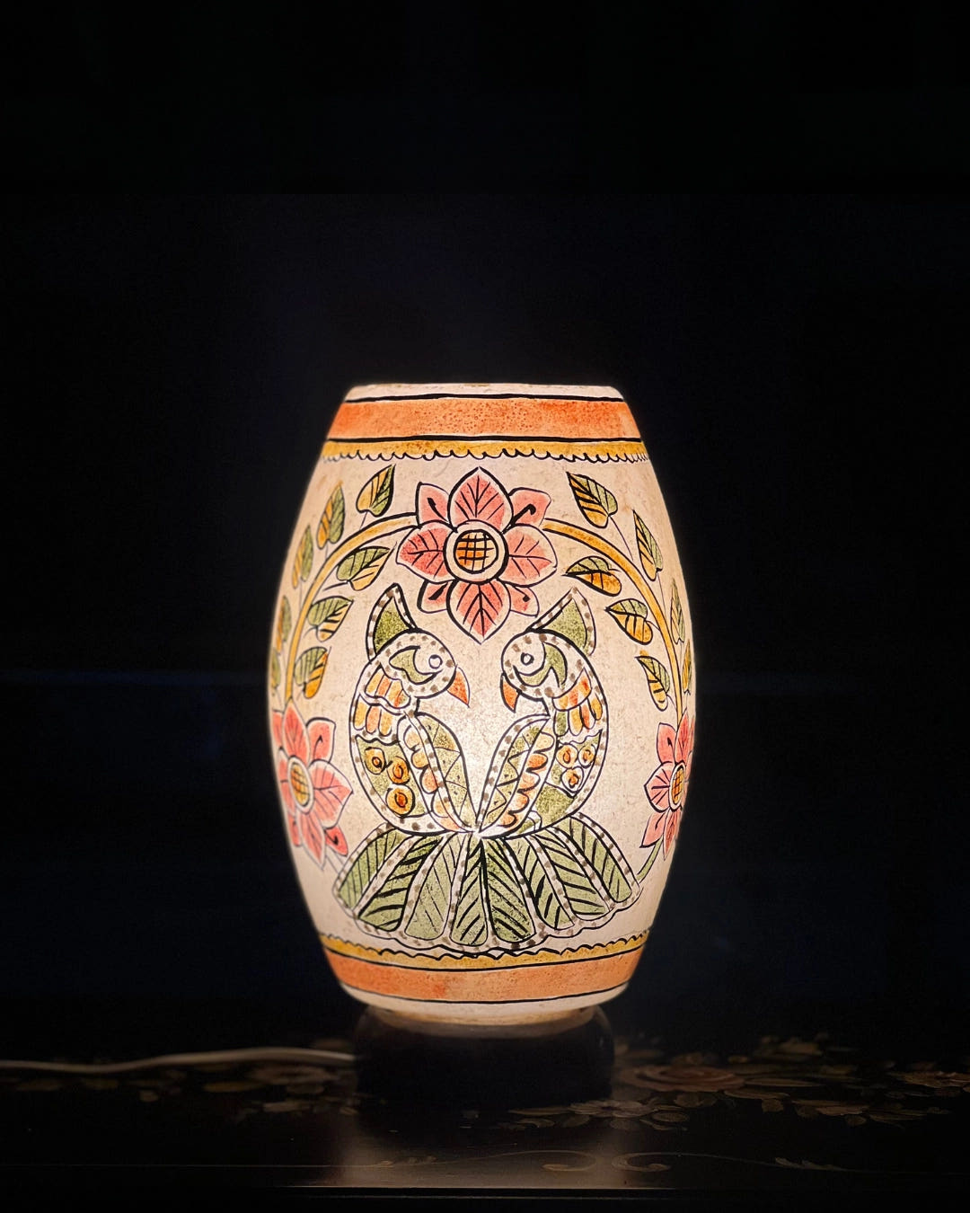 Floral Art with Parrots Camel Skin Table Lamp, front view