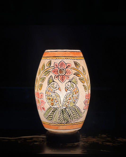Floral Art with Parrots Camel Skin Table Lamp, front view