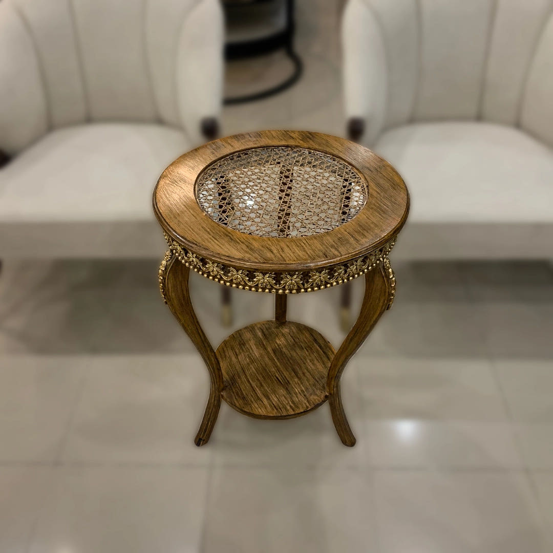 Corner Side Table with Cane Work, Golden, side view