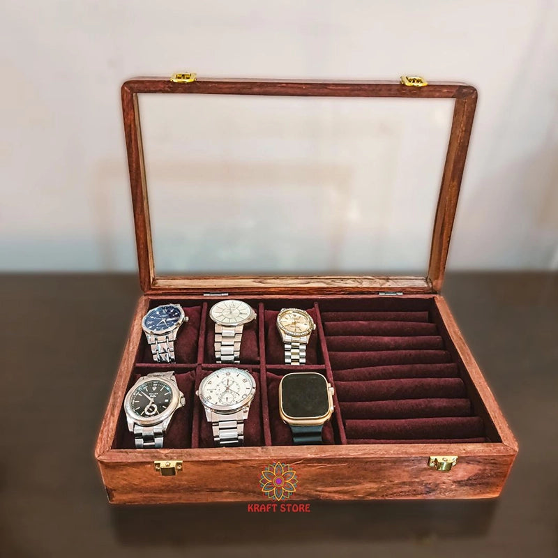 Dual Storage for Watches & Cufflinks/Rings (Glass  Top)