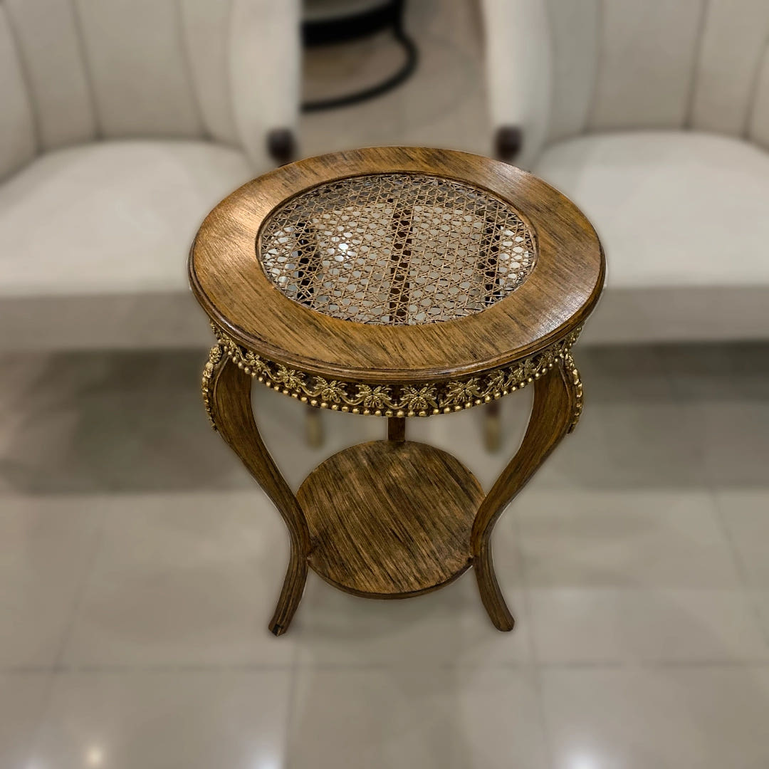 Corner Side Table with Cane Work, Golden, detail shot