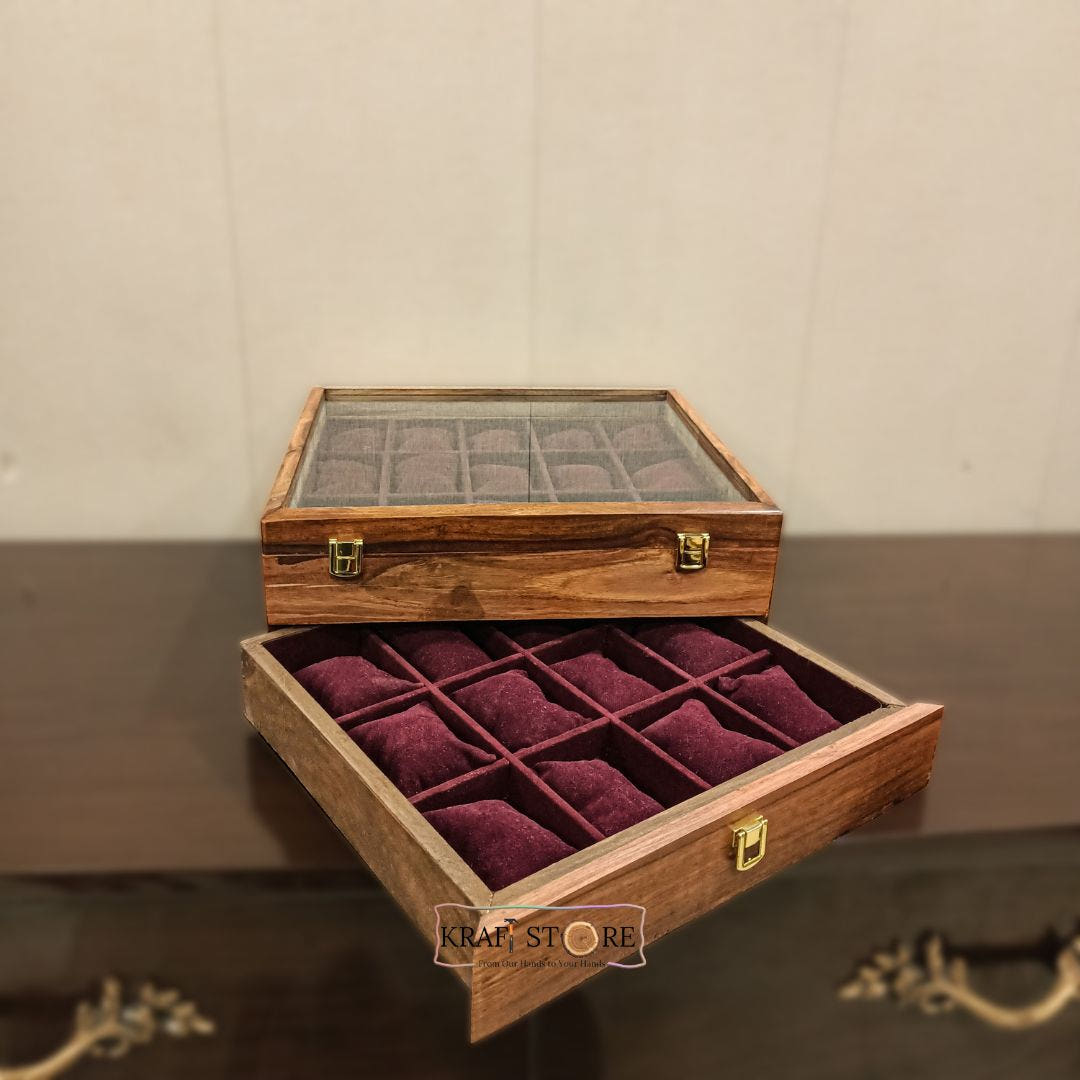 Watch Organizer with Drawer, 27 slots, Glass Top, front view