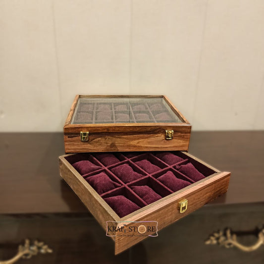 Watch Organizer with Drawer, 27 slots, Glass Top, front view