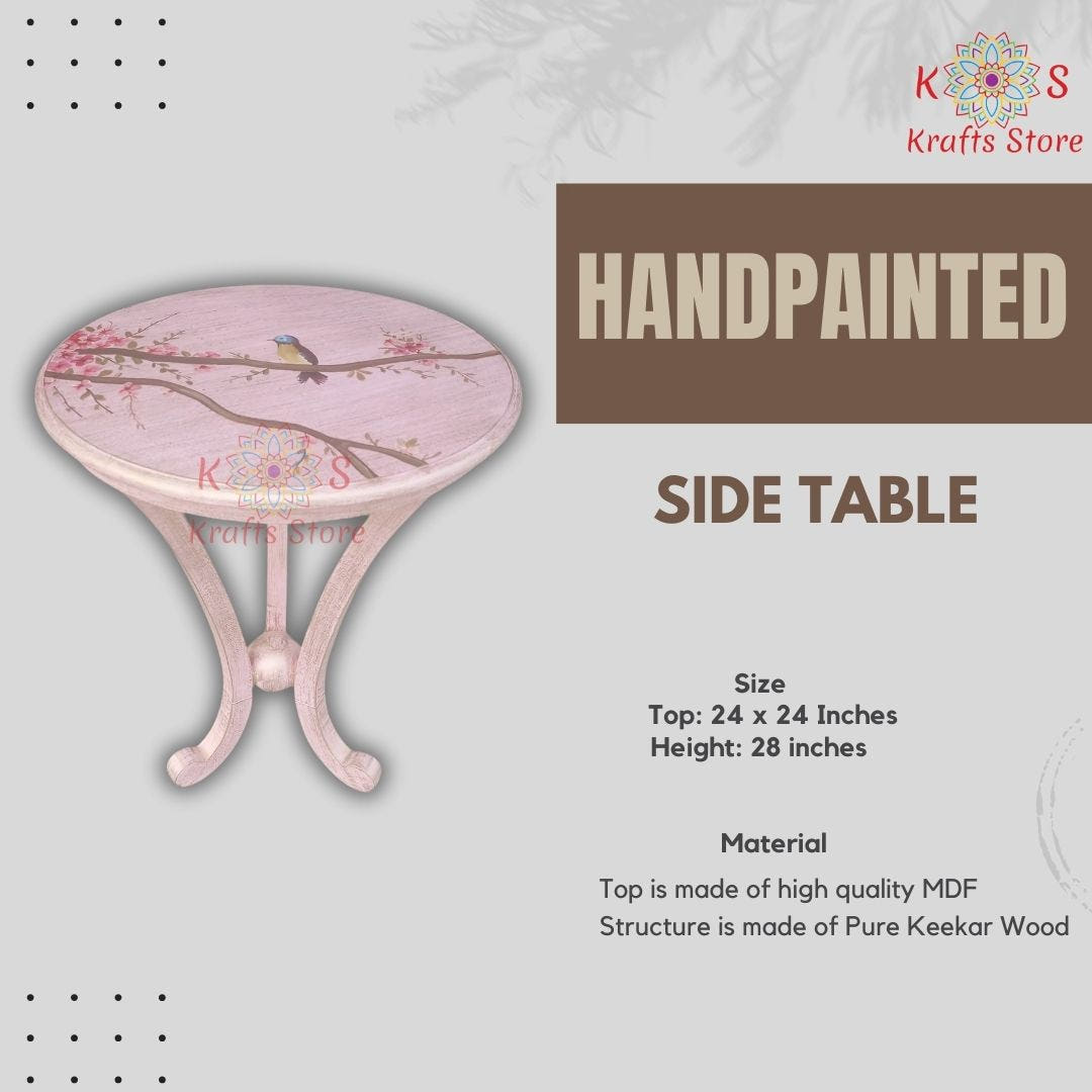 Corner Side Table with Bird Painting, front view