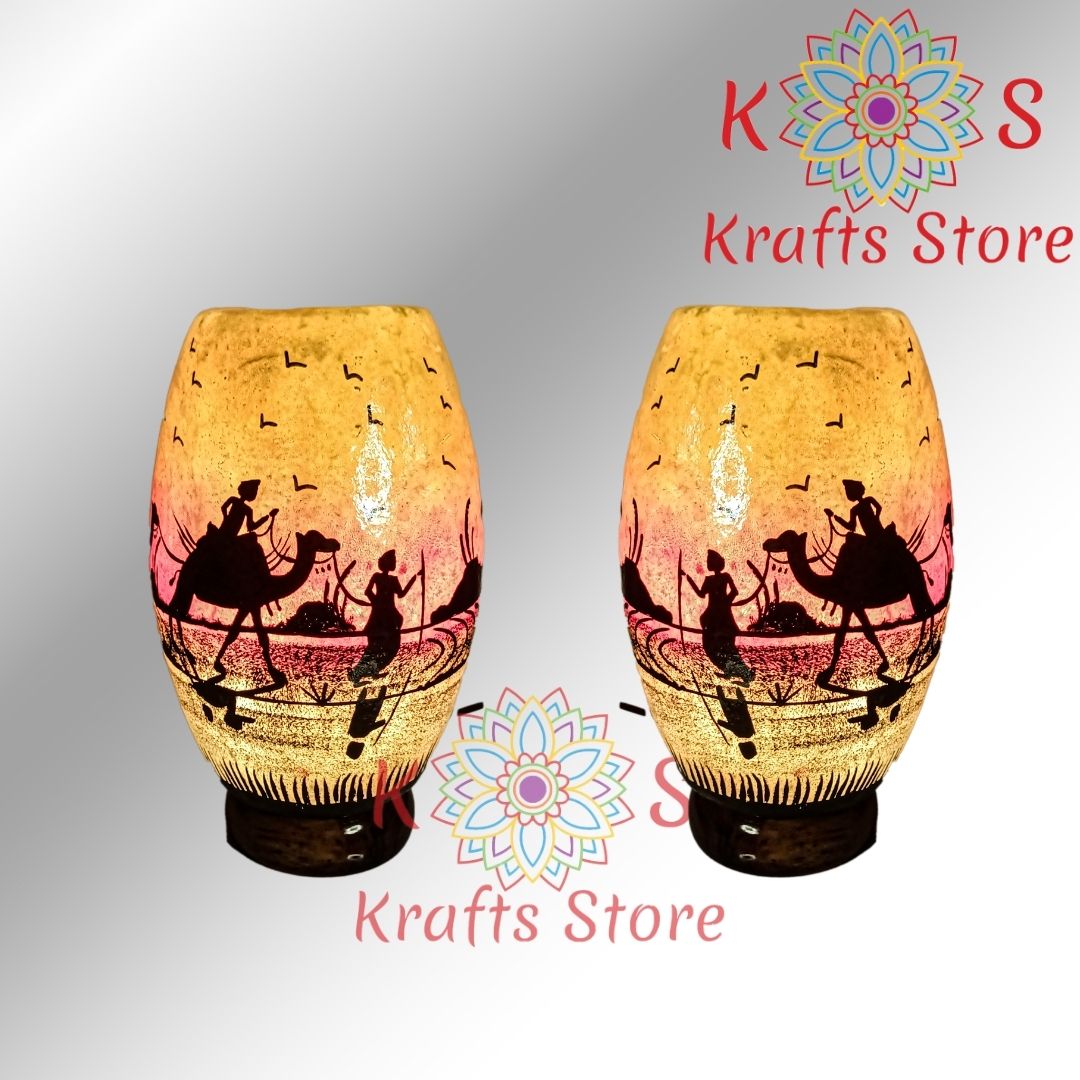 Desert Camel Painting Dhol Table Lamp, Camel Skin, lit view