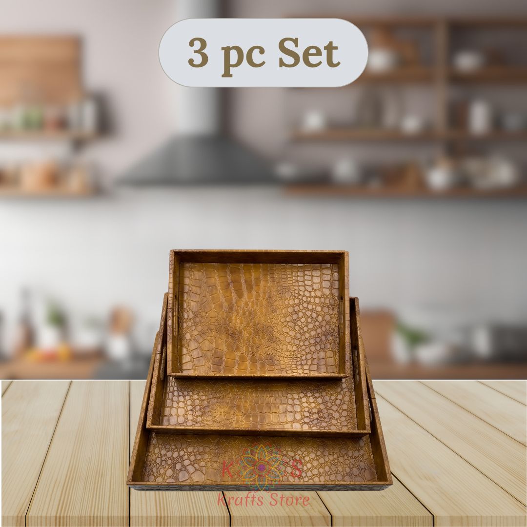 Serving Tray Set of 3, Leatherite, Camel Brown, detail shot