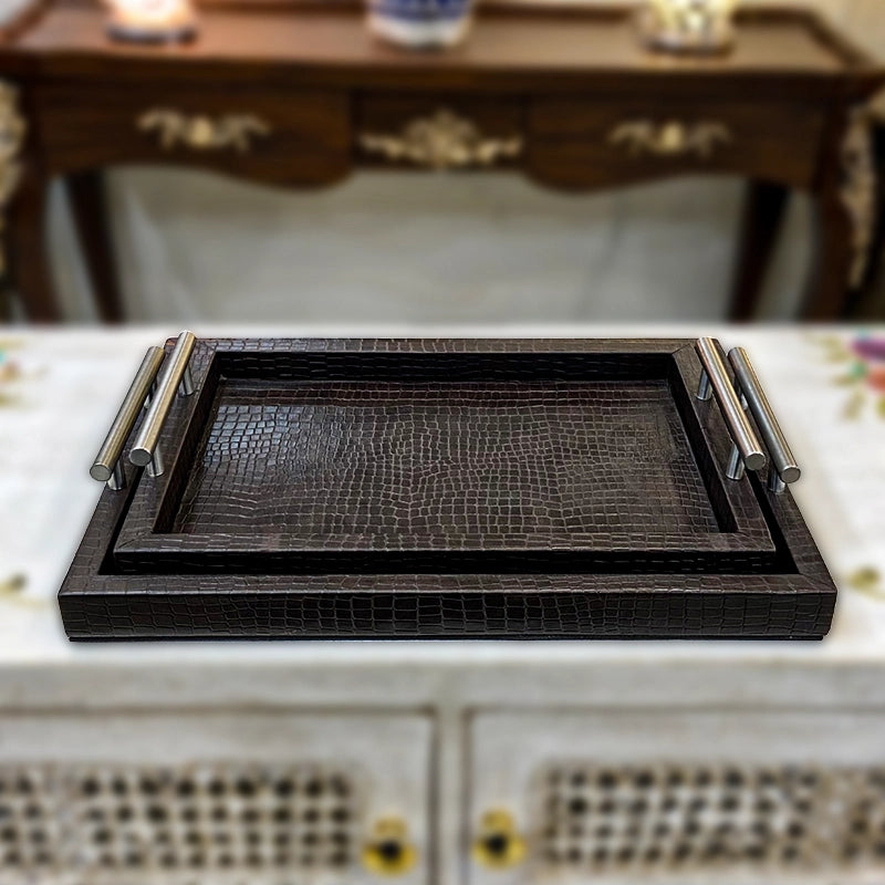 Leatherite Serving Trays with Metallic Handles, detail shot