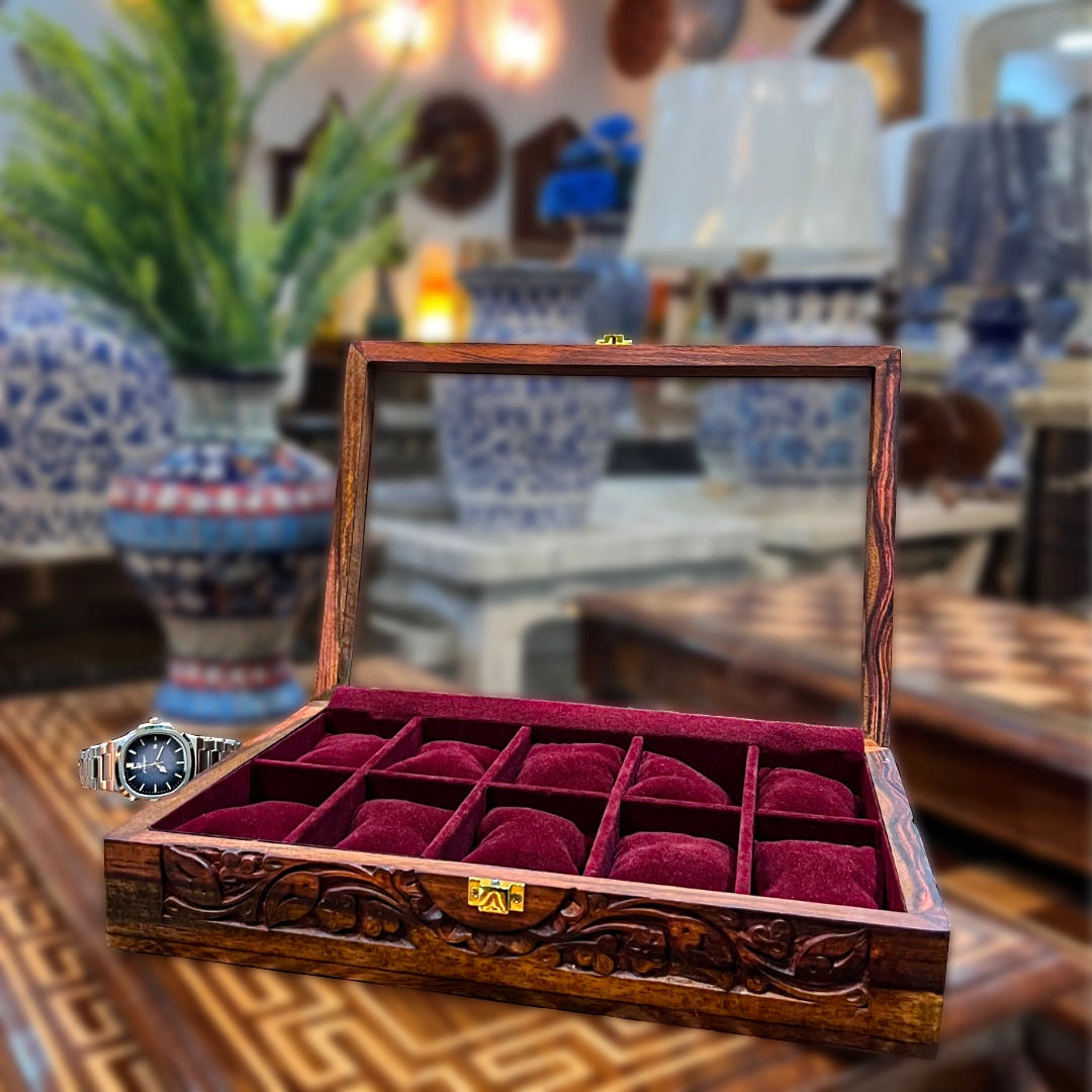 Watch Box for 10 Watches with Original Glass Top - Sheesham wood grain detail
