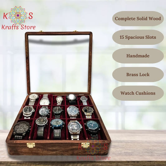 Watch Box for 15 Watches with Original Glass Lid, front view