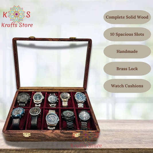 Watch Box for 10 Watches with Original Glass Top - Sheesham Wood, front view