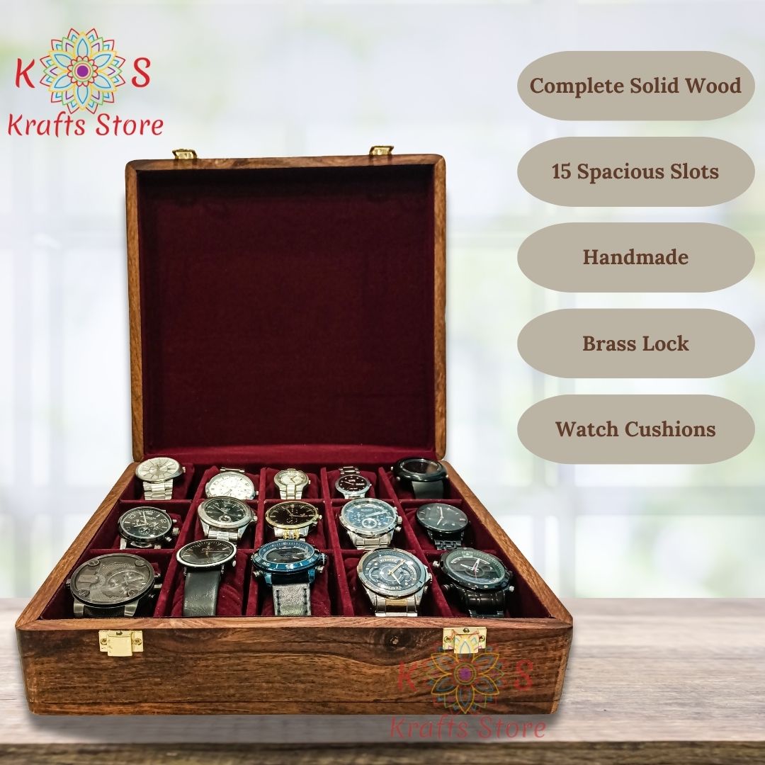 Watch Box for 15 Watches with Solid Wood Top, front view
