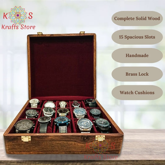 Watch Box for 15 Watches with Solid Wood Top, front view