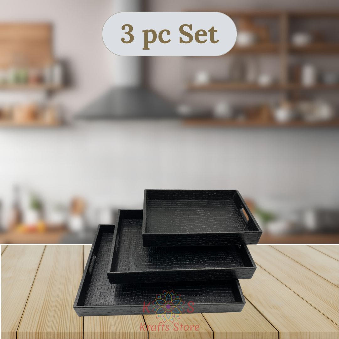 Serving Tray Set of 3, Leatherite, Black, front view